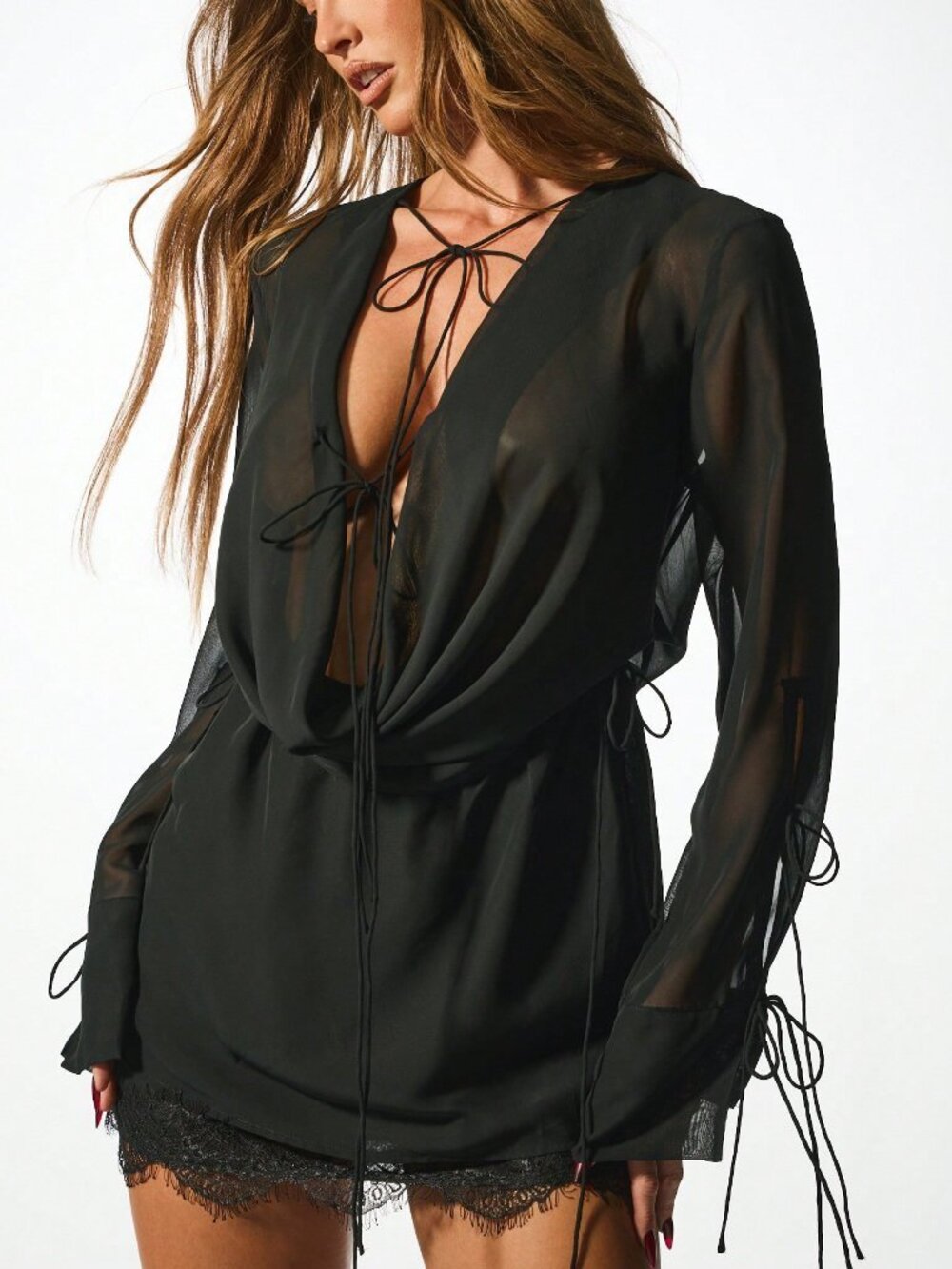Black Elegant Women's Chiffon Mini Dress with Lace Trim, Plunge Neck, Waist Tie